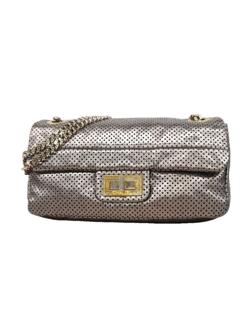 Chanel Shoulder Bag 2.55 Perforated Leather Silver Gold